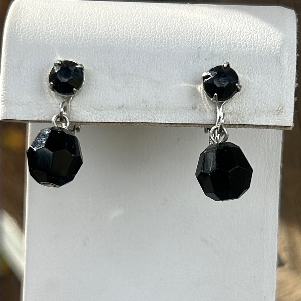 Rhinestone Faceted Black Drop Clip on Vintage Earrings